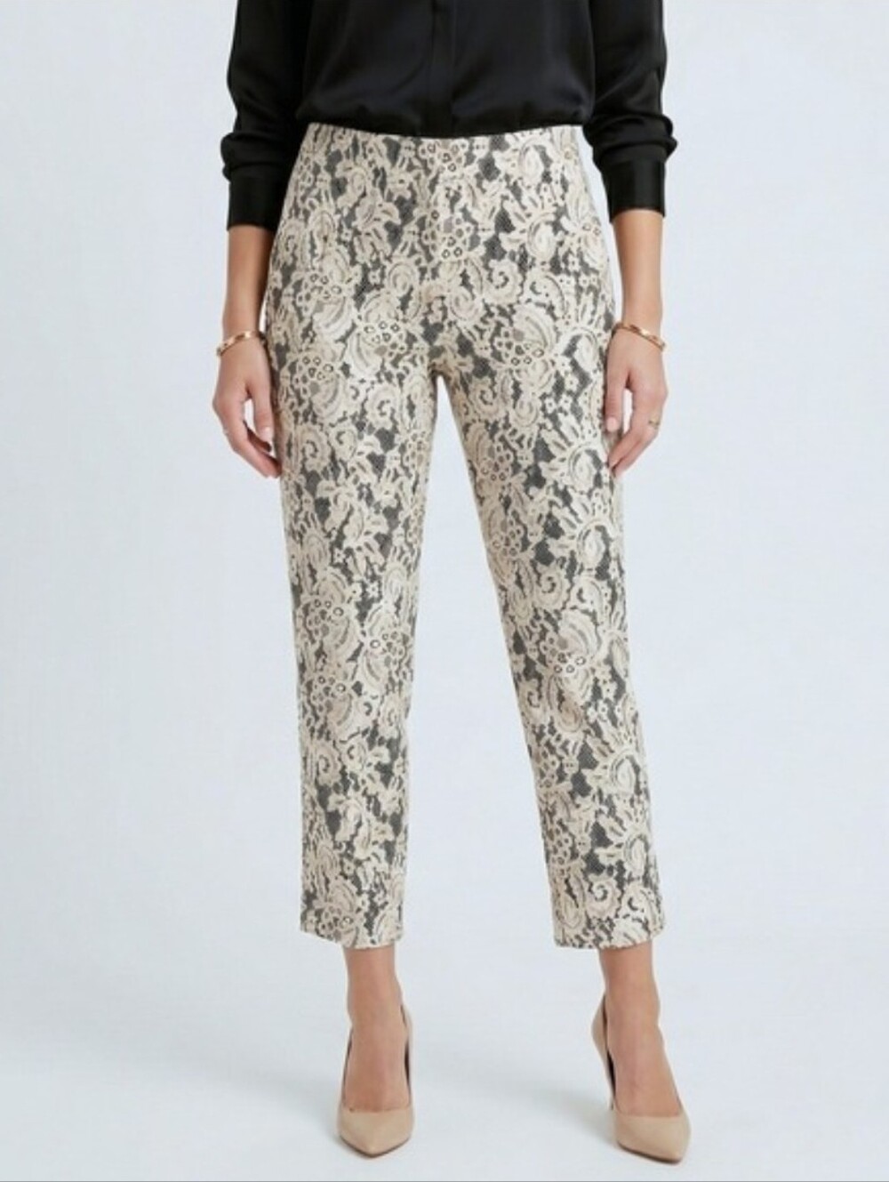 Chico's Cream and Black Lace-Pattern Cropped Pants